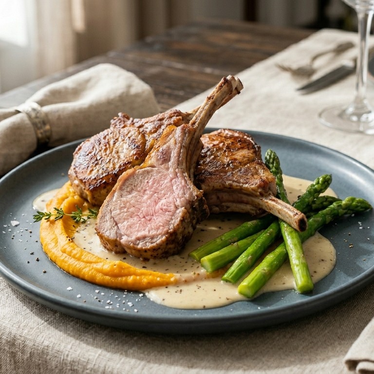 Rack de Cerdo Asado con Puré de Camote y Salsa de Mostaza al Vino Blanco