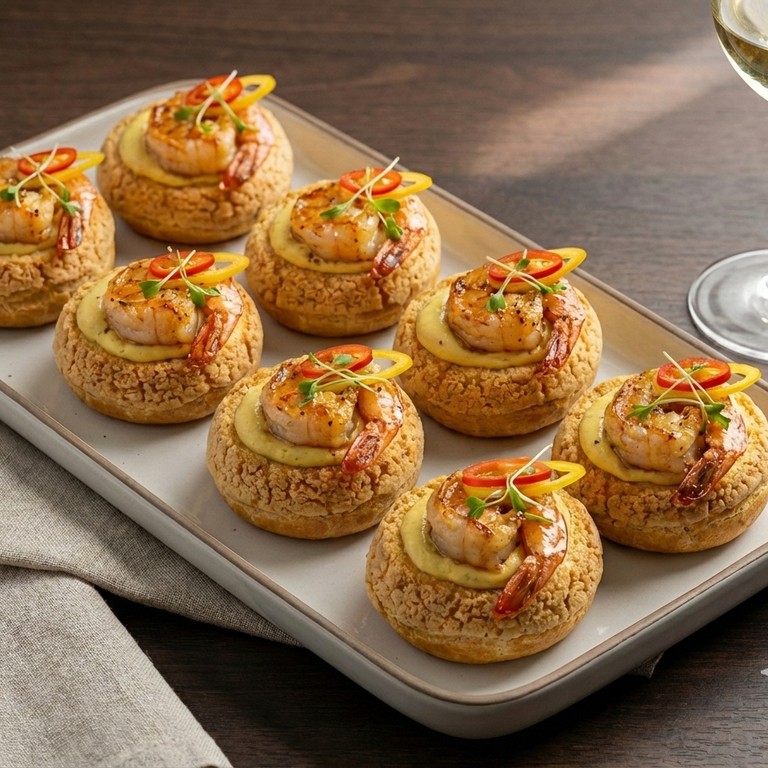 Canastas Gougère de Camarón y Mousse de Huancaina