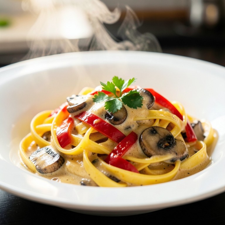 Tagliatelle mit cremiger Champignon-Paprika-Pfanne