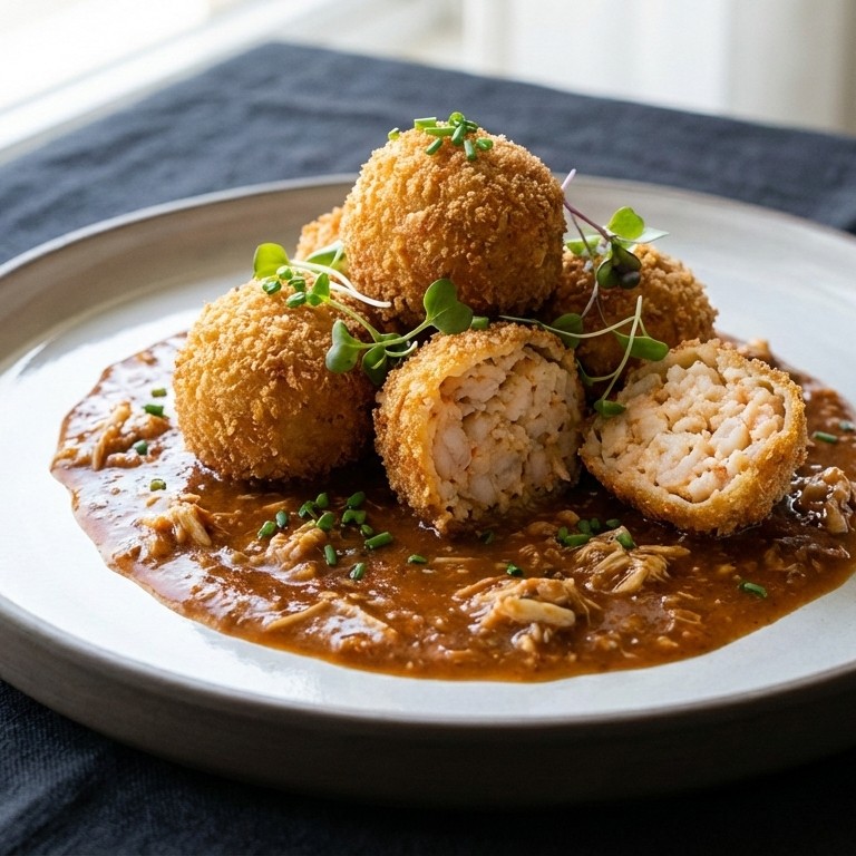 Albóndigas Crocantes de Camarón en Salsa de Cangrejo Al Vino Tinto