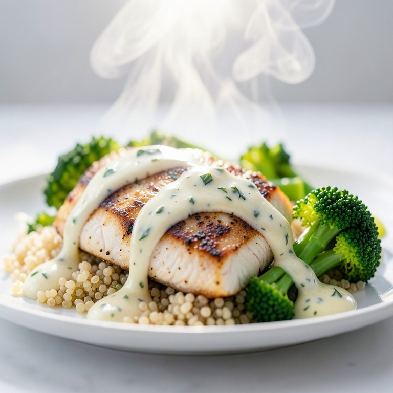 Gebratenes Hähnchenbrustfilet mit Quinoa, Brokkoli und leichter Zitronen-Kräutersoße
