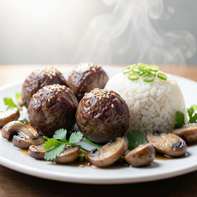 Boulettes de Bœuf Haché Façon Asiatique avec Riz et Champignons Sautés