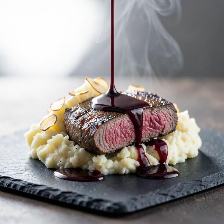 Bife Ancho com Purê Rústico e Molho de Vinho Tinto