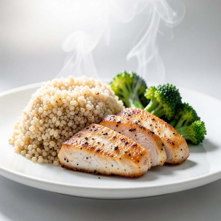 Gebratenes Hähnchenbrustfilet mit Quinoa und gedünstetem Brokkoli