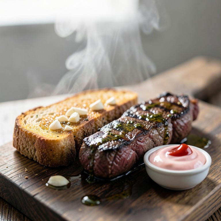 Bife Grelhado com Pão Rústico e Molho de Azeite e Ervas
