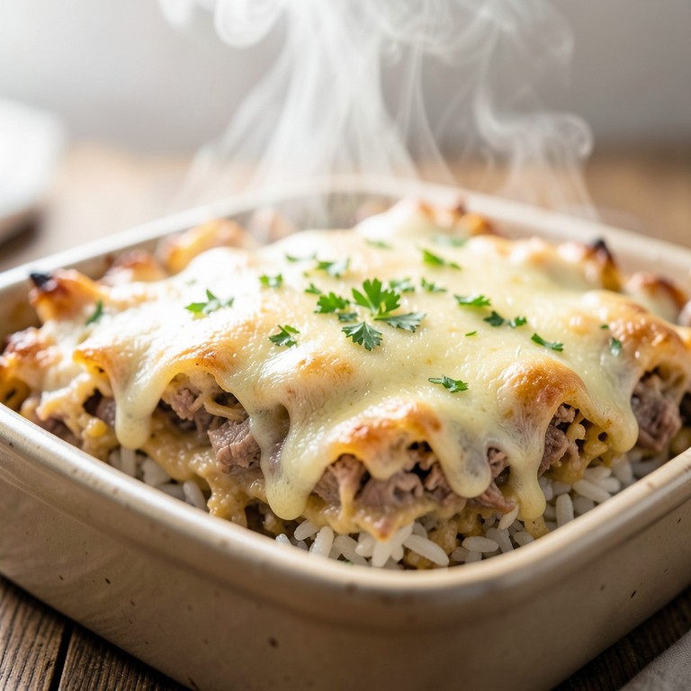 Arroz de Forno Cremoso com Queijo e Carne Desfiada