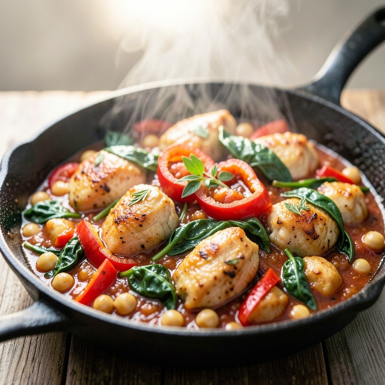 Griechische Hühnerpfanne mit Kichererbsen und Spinat