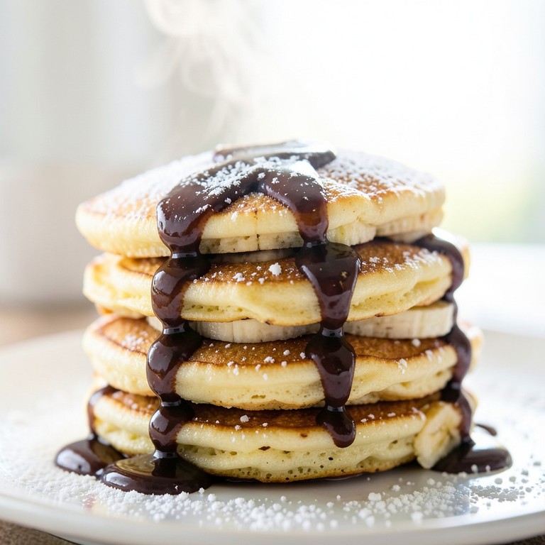 Panquecas Doces de Banana com Calda de Chocolate Rápida