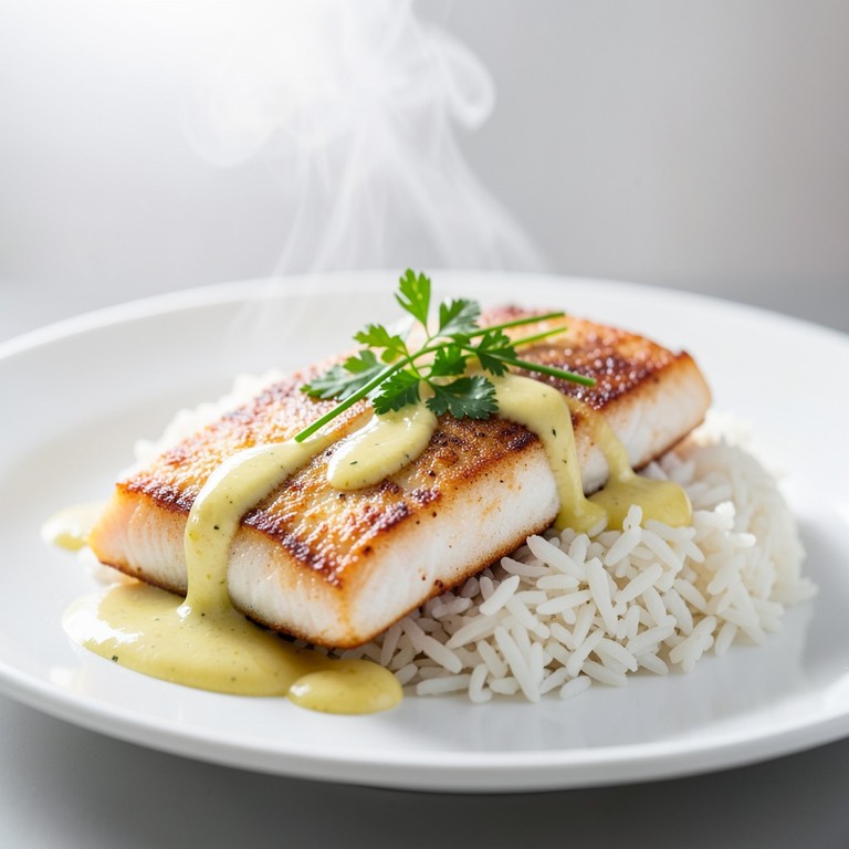 Dos de Cabillaud Poêlé, Riz Basmati et Émulsion Citronnée à la Maïzena (40cl de Bouillon)