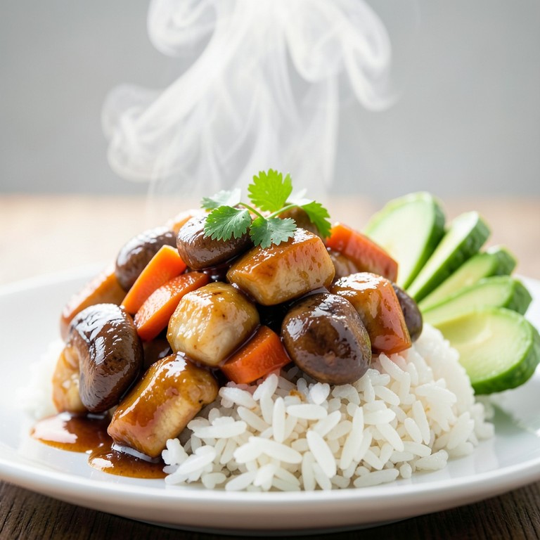 Poulet Sauté aux Champignons, Carottes et Avocats, Servi avec du Riz