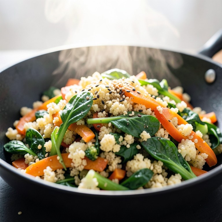 Low-Carb-Pfannengerührte Blumenkohl-Reis-Pfanne mit Spinat und glutenfreier Sojasauce