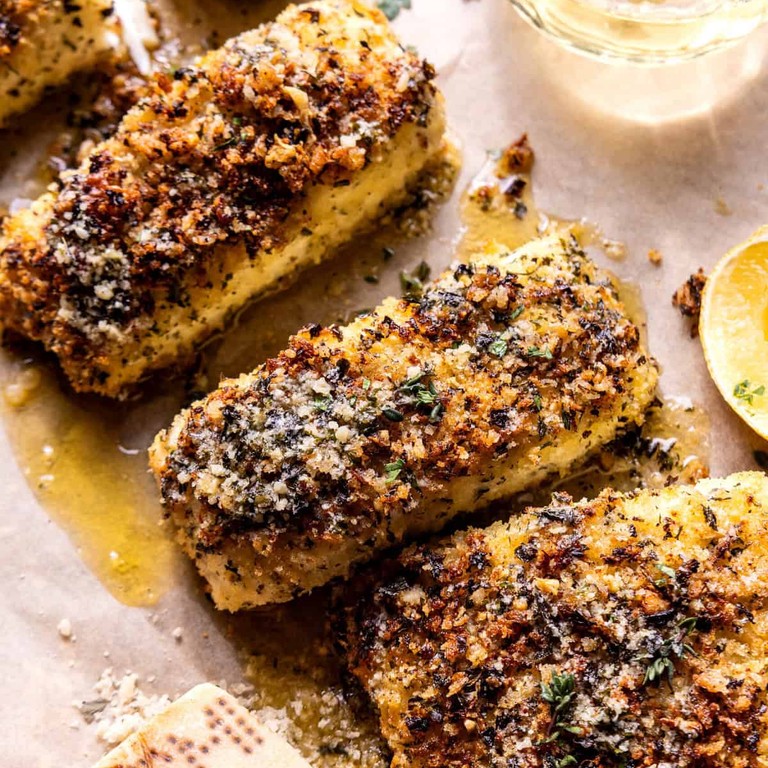 Parmesan Garlic Butter Crusted Halibut
