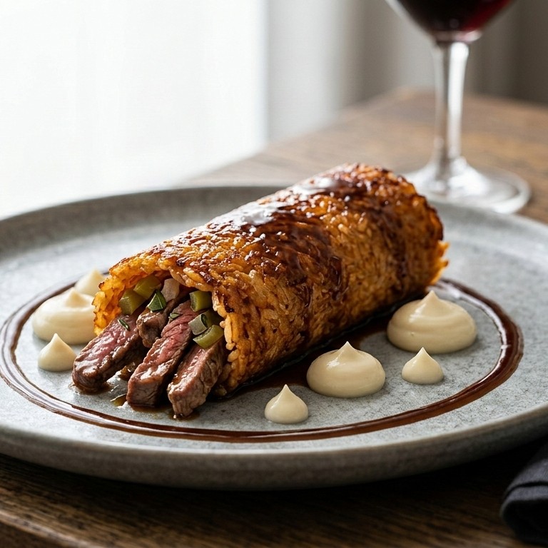 Crepe de socarrat con lomo tierno y alioli de ajo asado