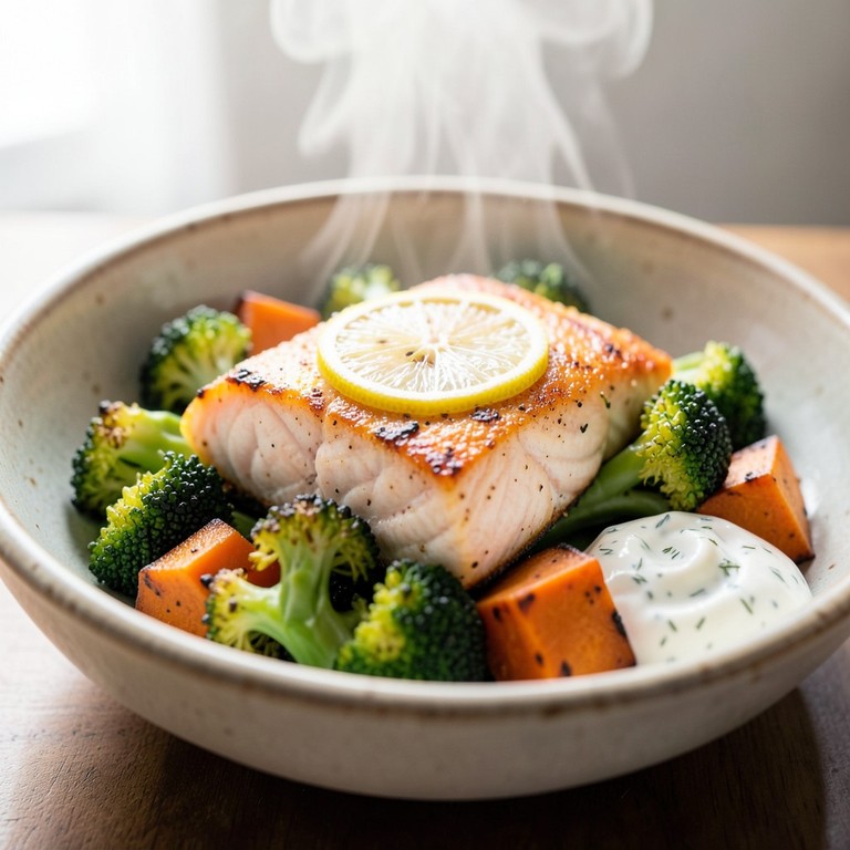 Tazón de Salmón al Horno con Brócoli y Batata Asada