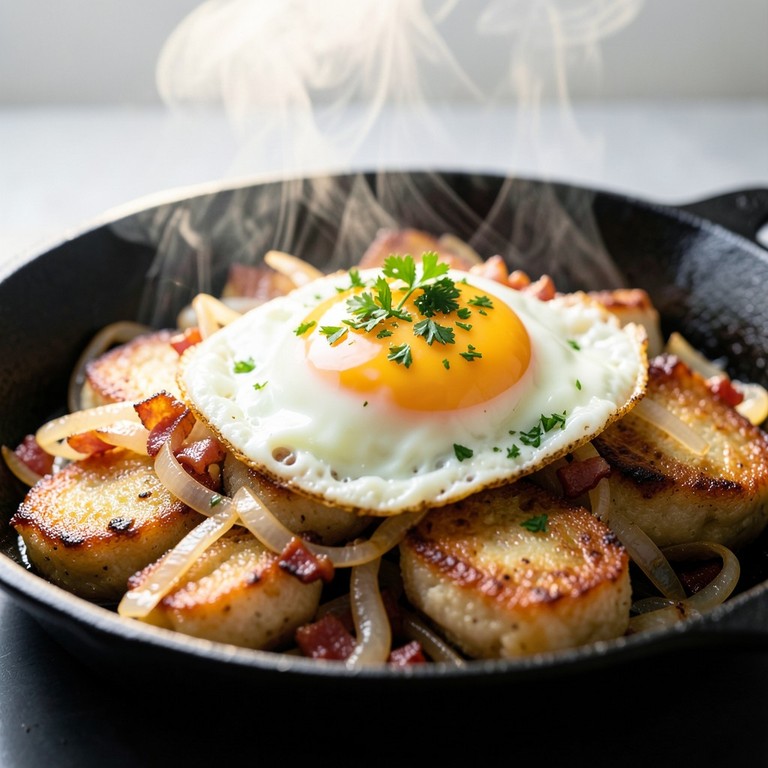 Herzhaftes Knödel-Gröstl mit Spiegelei
