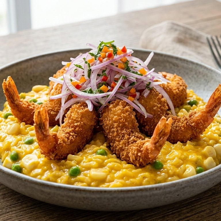 Arroz Meloso con Salsa Huancaina y Camarón Crocante