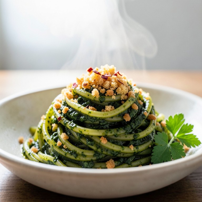 Petersilien-Pesto Pasta mit gerösteten Semmelbröseln