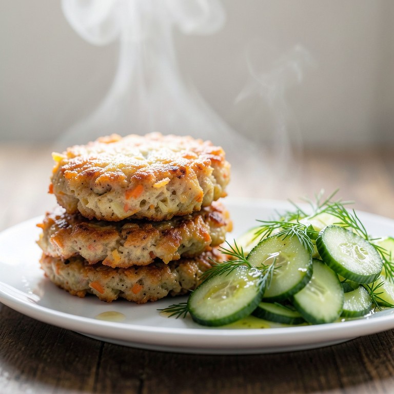 Vegetarische Frikadellen aus Kartoffel und Möhre mit Gurken-Dill-Salat