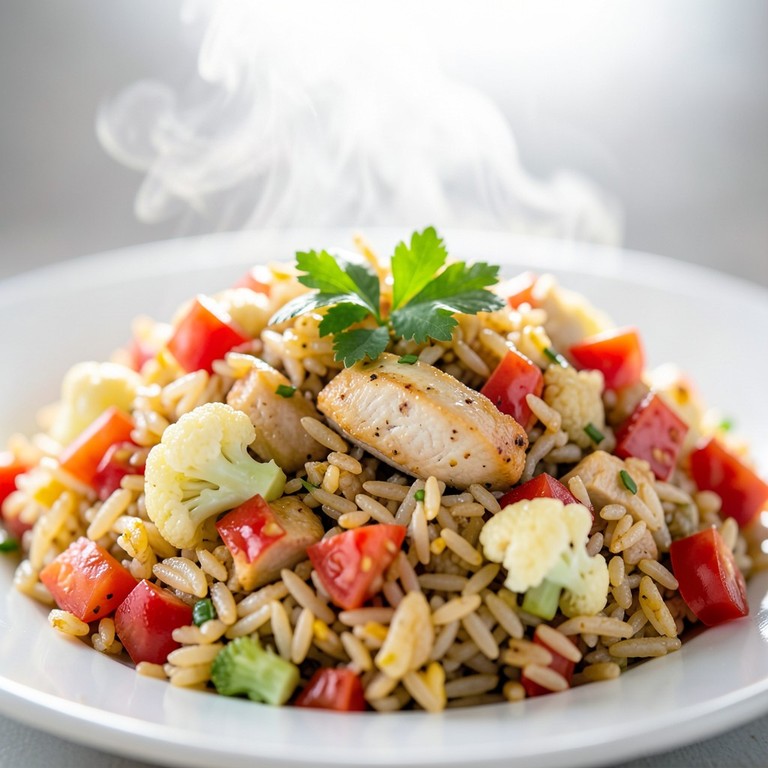 Riz Sauté au Poulet, Chou-Fleur et Tomate