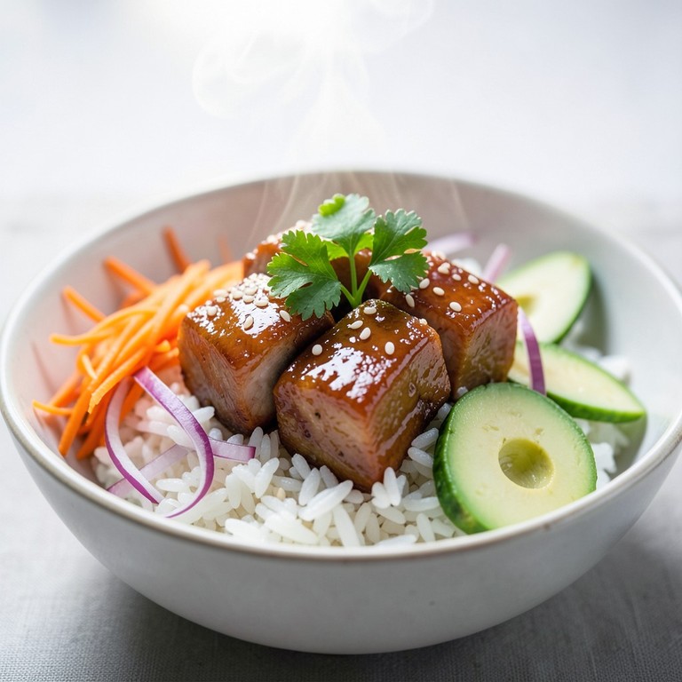 Bol de Riz au Porc Laqué, Carottes et Avocat