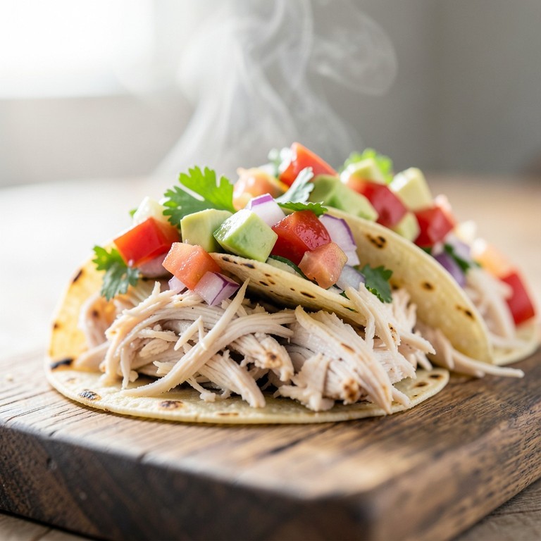 Tacos de Pollo Desmenuzado con Pico de Gallo Casero