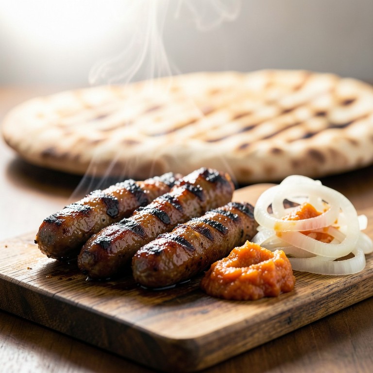 Klassische Cevapcici mit Ajvar und Zwiebeln