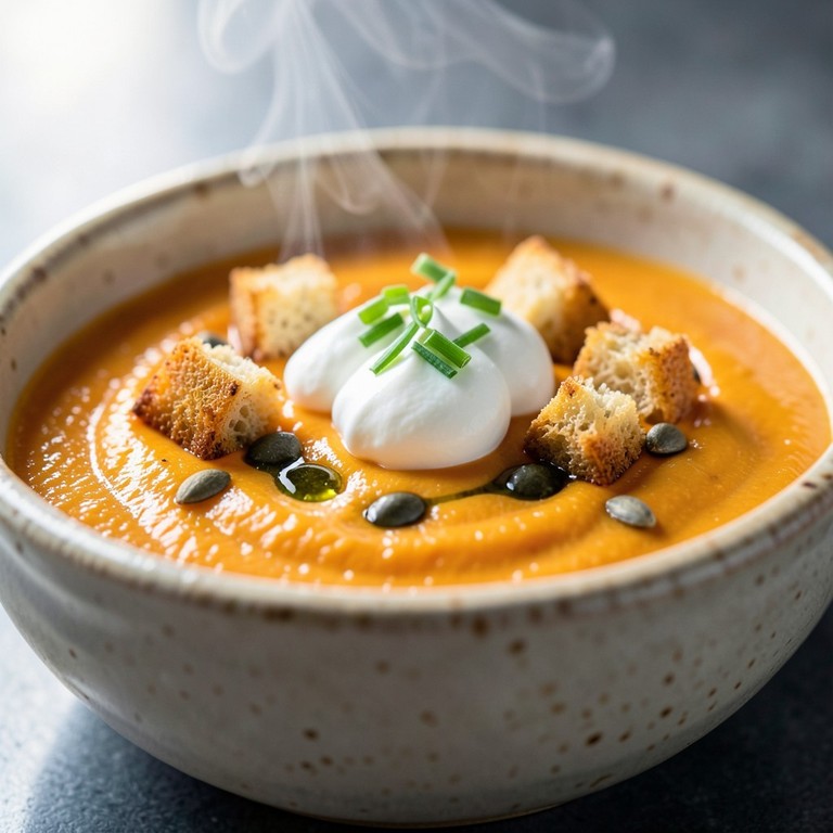 Klassische Kürbiscremesuppe mit Buttercroutons und Sauerrahmnockerln
