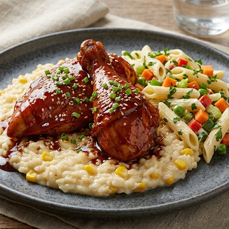 Pollo a la Coca Cola con Arroz Cremoso y Ensalada de pasta