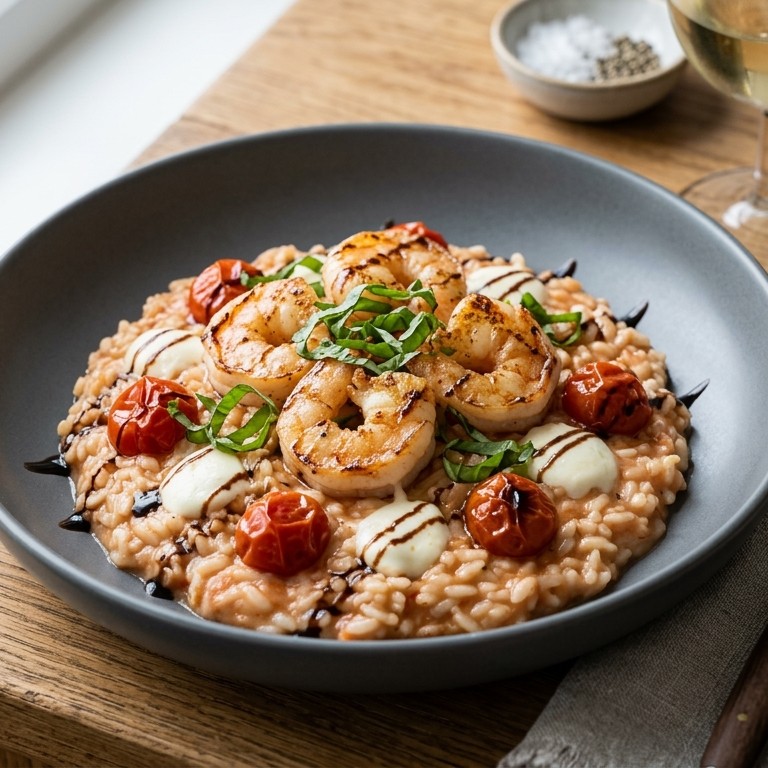 Risotto Caprese con Camarones Salteados