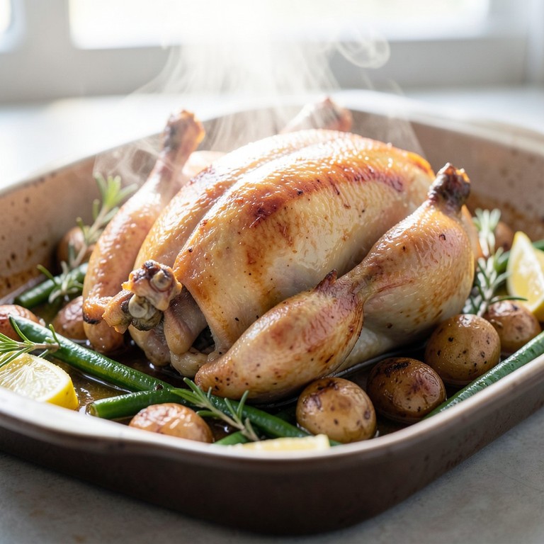 Poulet Rôti aux Herbes, Pommes de Terre Grenaille et Haricots Verts