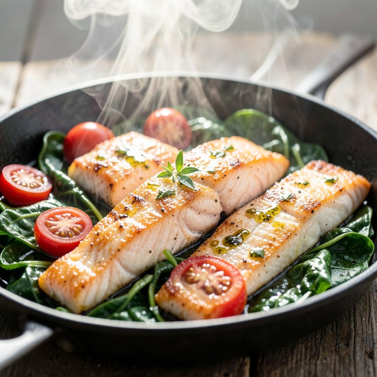 Rask Laksepanne med Spinat og Cherrytomater