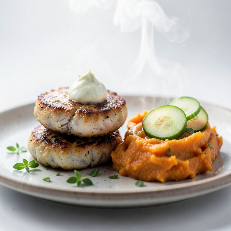 Klassisk Fiskeburger med Søtpotetmos og Wasabi-Kesam