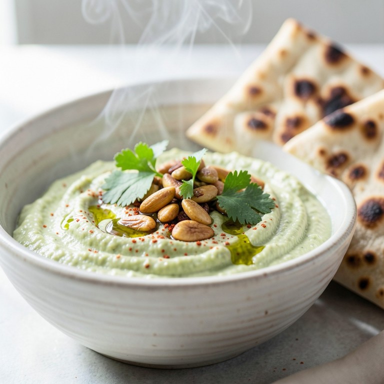 Cremiger Avocado-Hummus mit gerösteten Pinienkernen