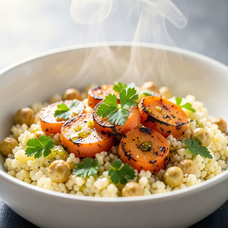 Semoule parfumée aux carottes rôties et pois chiches croustillants