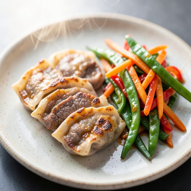 In de pan gebakken runder-gyoza met wokgroenten