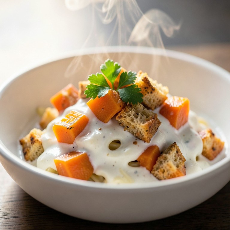 Pâtes crémeuses au skyr et dés de courge rôtie