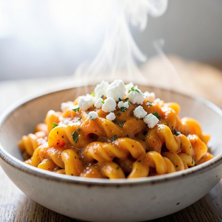 Fusilli au velouté de butternut, chèvre frais et lentilles corail