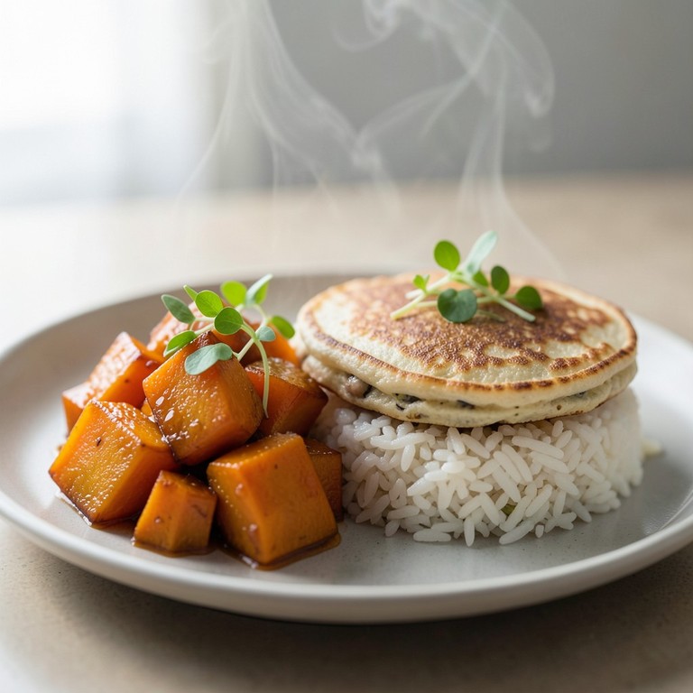 Courge rôtie au miel, galette protéinée et riz express