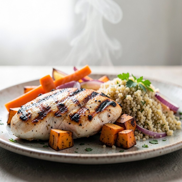 Grillet kyllingbryst med ovnsbakte rotgrønnsaker og quinoa