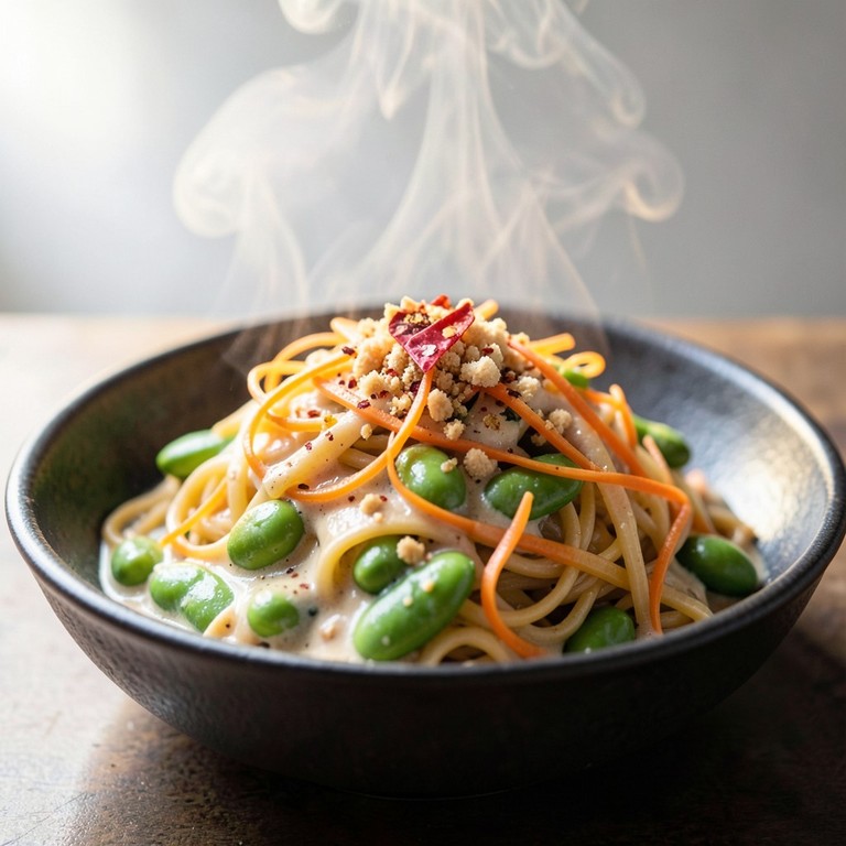 Wok de nouilles aux edamames et rubans de carottes