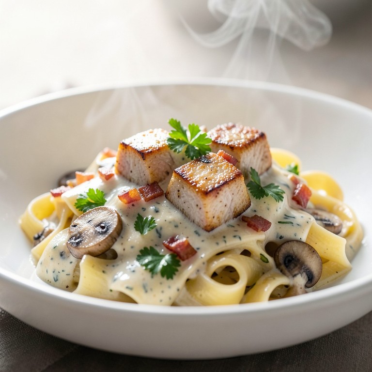 Pasta med fläskfilé, knaperstekt bacon och ädelostsås