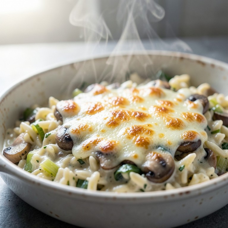 Gratin d'orzo aux poireaux et champignons gratinés au Boursin
