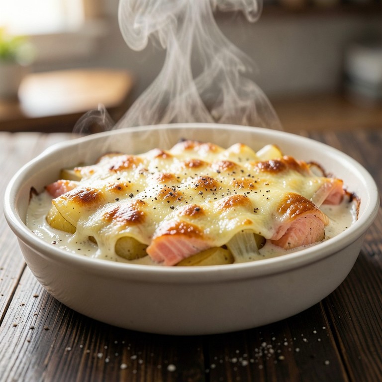Gratin de pommes de terre au saumon frais et fondue de poireaux