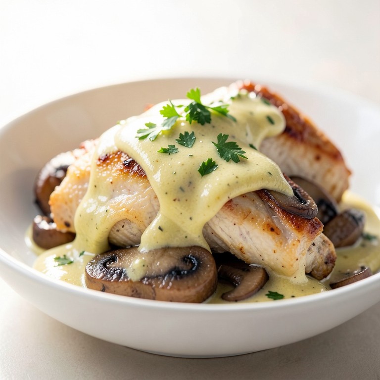 Émincé de dinde à la crème de moutarde et champignons