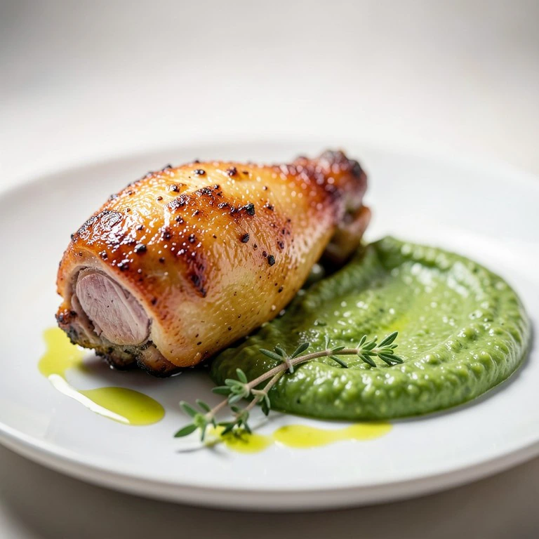 Cuisse de pintade braisée et purée de pois cassés au cumin