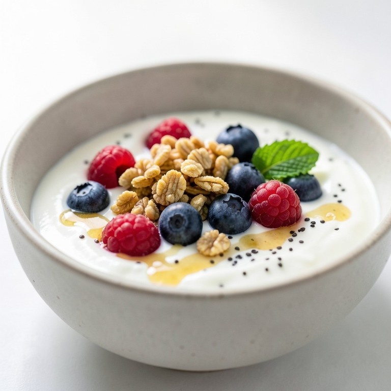 Bol de yogur griego con granola y frutos rojos
