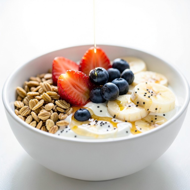 Bol de yogur con granola y frutas frescas