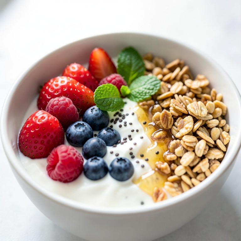 Bol de yogur griego con granola y frutos rojos