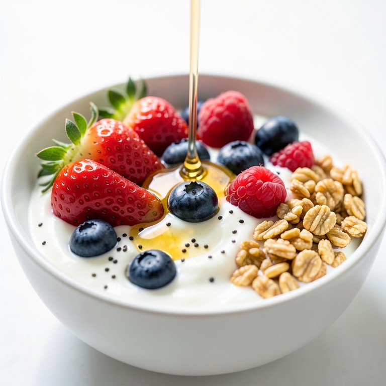 Bol de yogur griego con granola crujiente y frutos rojos