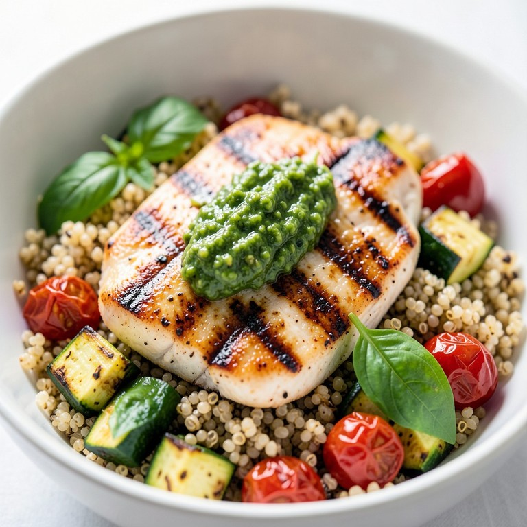 Bowl de quinoa con pollo al pesto casero y vegetales asados